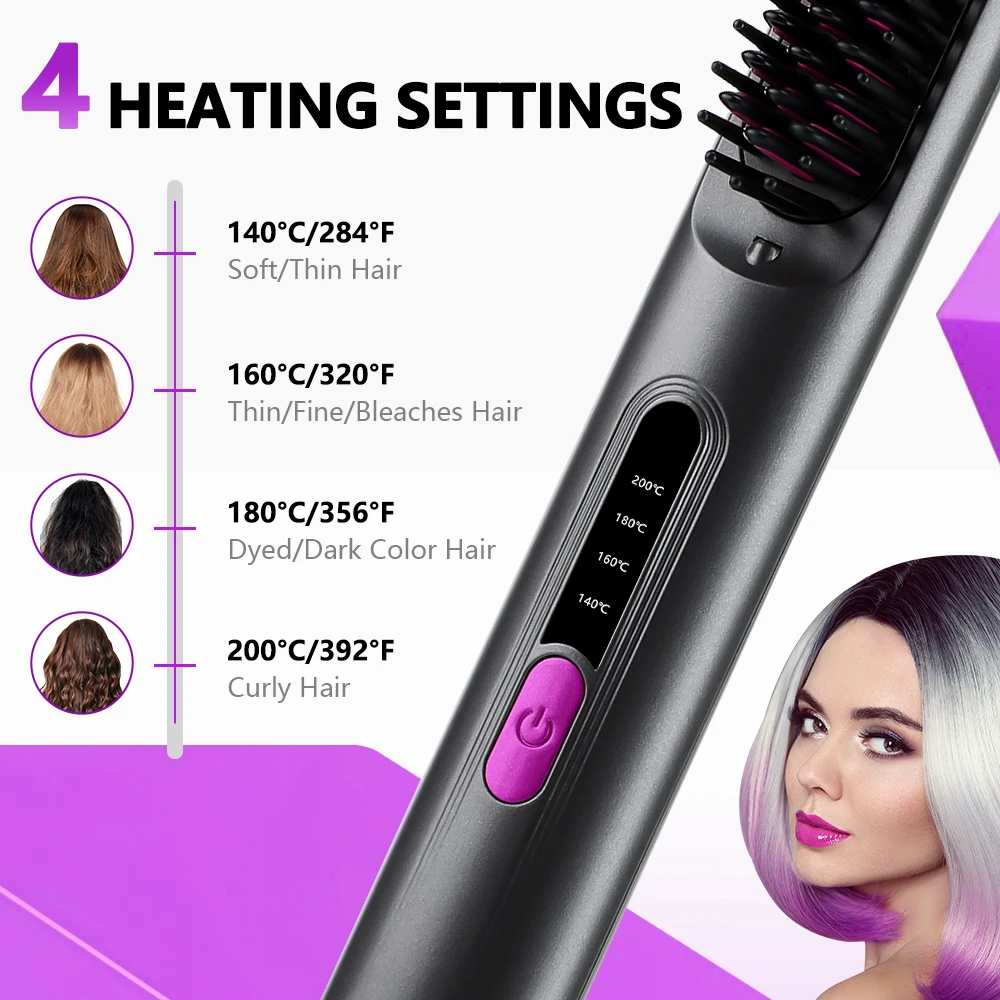 Professional Hair Straightener Brush 4 Levels Temperature Adjustable Cordless Portable Fast Heating Hairstyle Hair Straight Comb