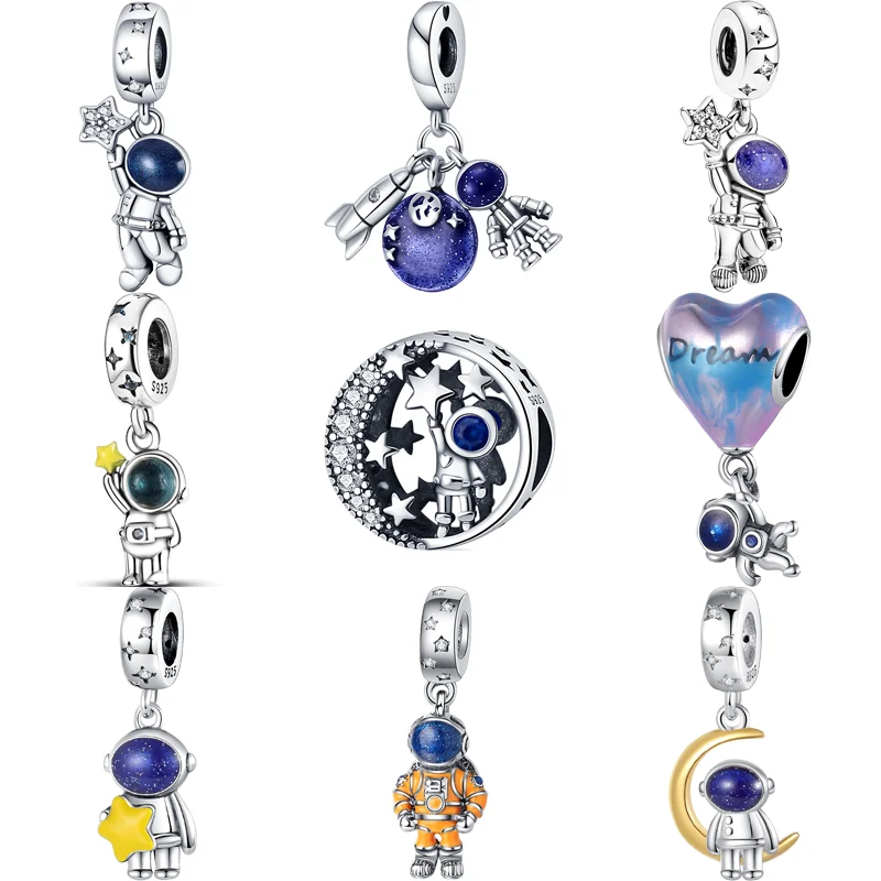 

925 Sterling Silver Blue Space Galaxy Stars Moon Rocket Astronaut Pendant DIY Beads Fit Original Pandora Charms Bracelet Jewelry