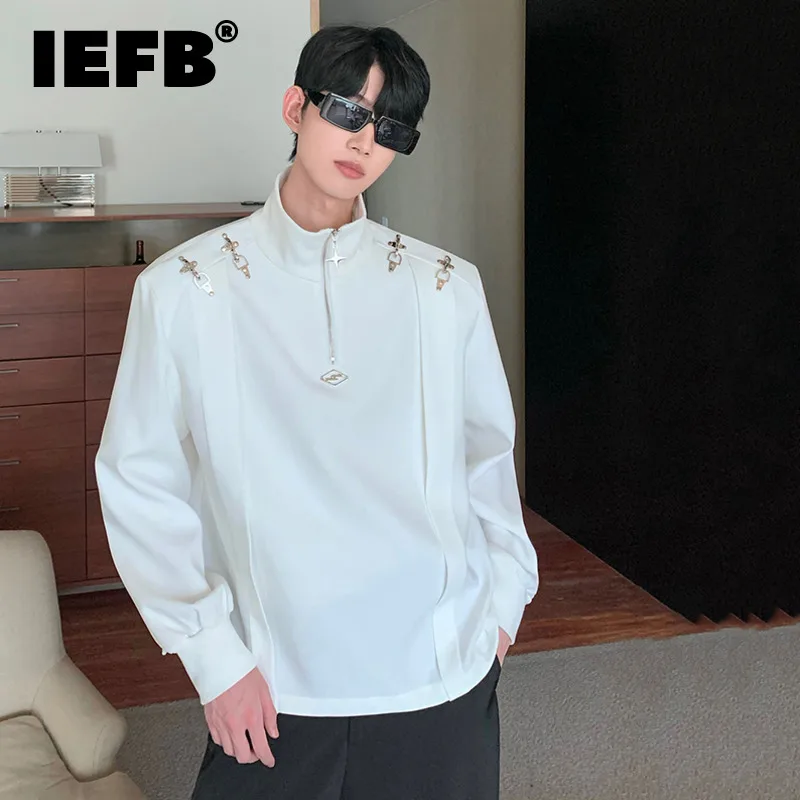 

IEFB Autumn Winter Men's Long Sleeve T-shirts Niche Metal Aircraft Buckle Design Shoulder Pad Pullover Tops Stand Collar 9C2565