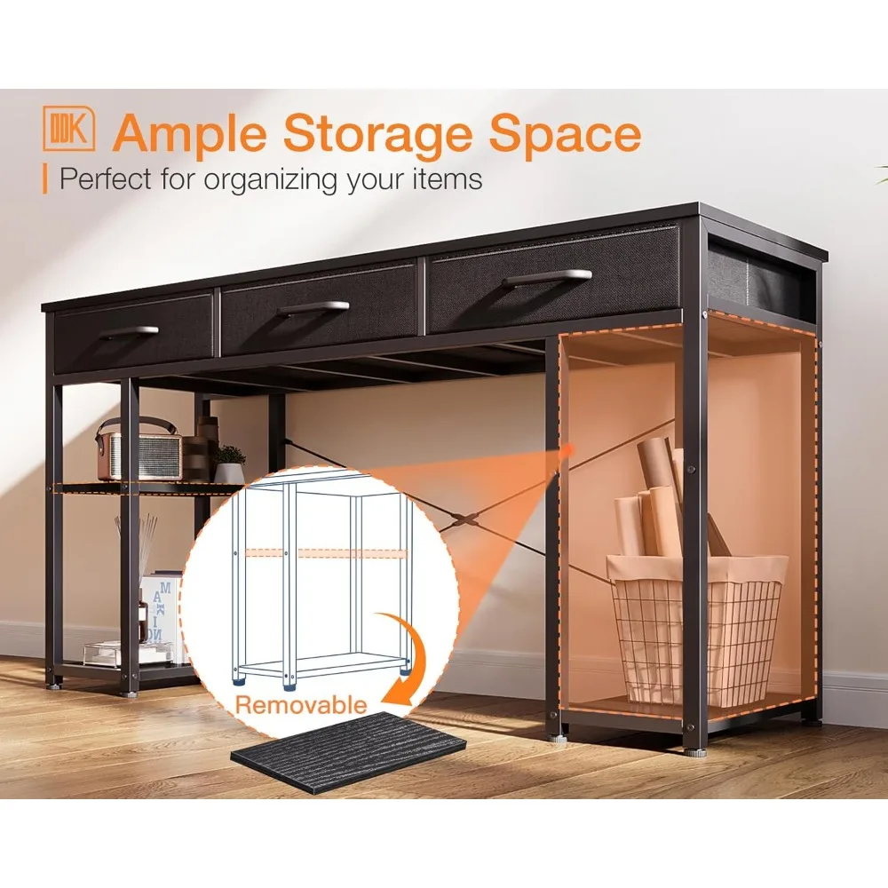 compact modern desk with fabric drawers and storage shelves, sleek black writing desk, 48"x16"