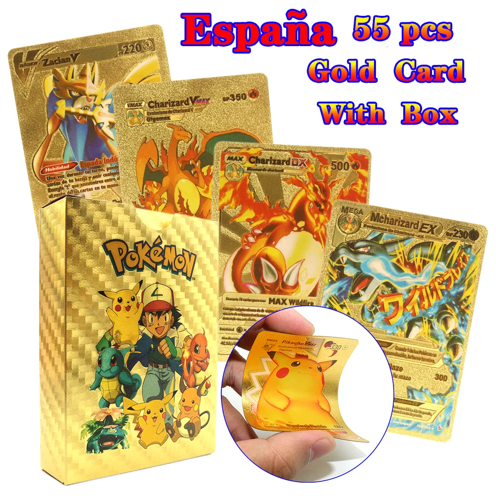 Spanish Pokemon Metal Cards Pokémon Letters Charizard Pikachu V VMAX  Collection Gold Card GX Original Collection Toy Kid Gifts - AliExpress,  cartas pokémon originais