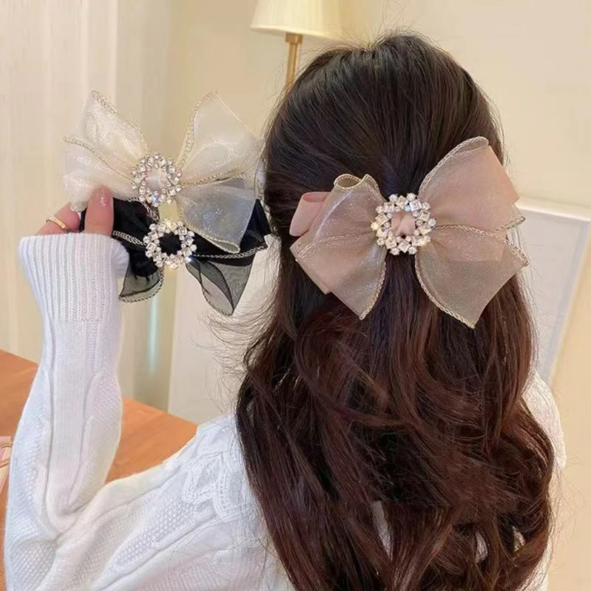 1 Stück koreanische, mit Diamanten besetzte Mesh-Schleifen-Haarnadel, superfeenhaftes Temperament voller Strass-Schleife mit runder Schnalle, High-End-Federclip