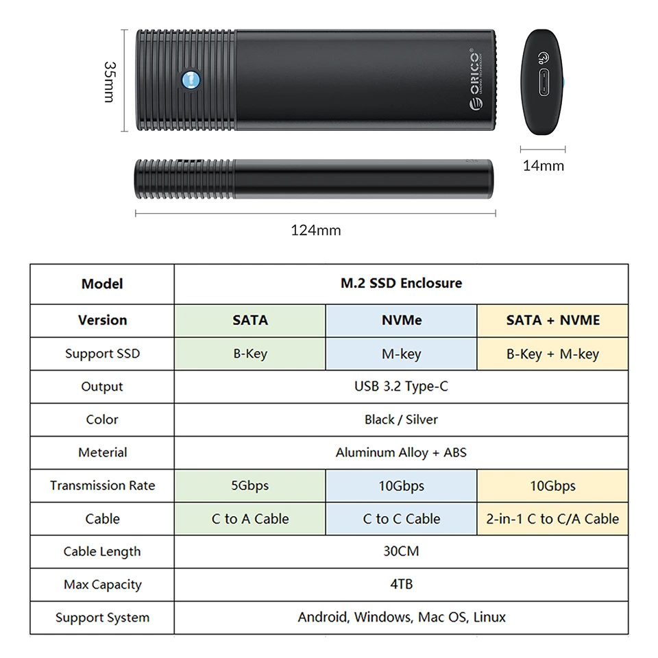 Orico-gabinete Ssd Externo Protocolos Duplos Gabinete M.2 Ngff Nvme Usb 3.2 tipo c Capa do Disco Rígido 10gbps Caixa de Armazenamento hd Casa - Imagem 4