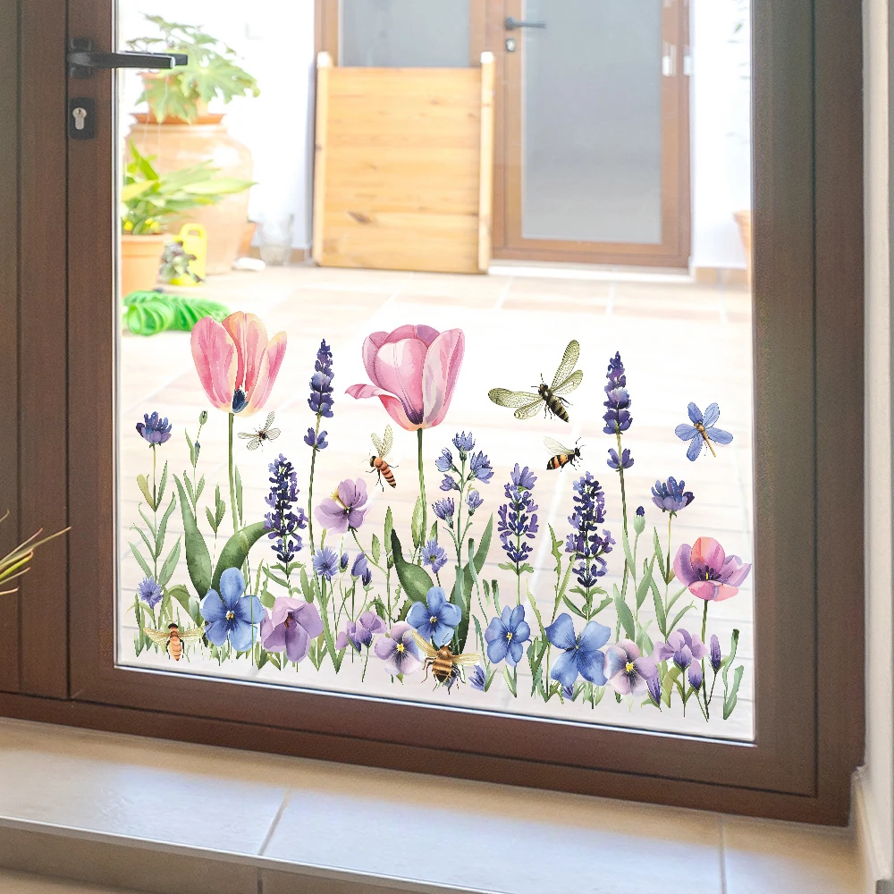 Window Stickers Spring Flowers Window Stickers Glass Static Sticker Bedroom Living Room Decor Art Decals Kids Girl's Room Decoration Mural