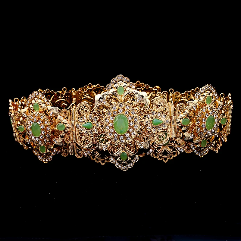 Green Rhinesotne Caftan Wedding Belts Gold Plated Long Chain Body Jewelr for Women Middle East Birdal Accessory Luxury Bijoux