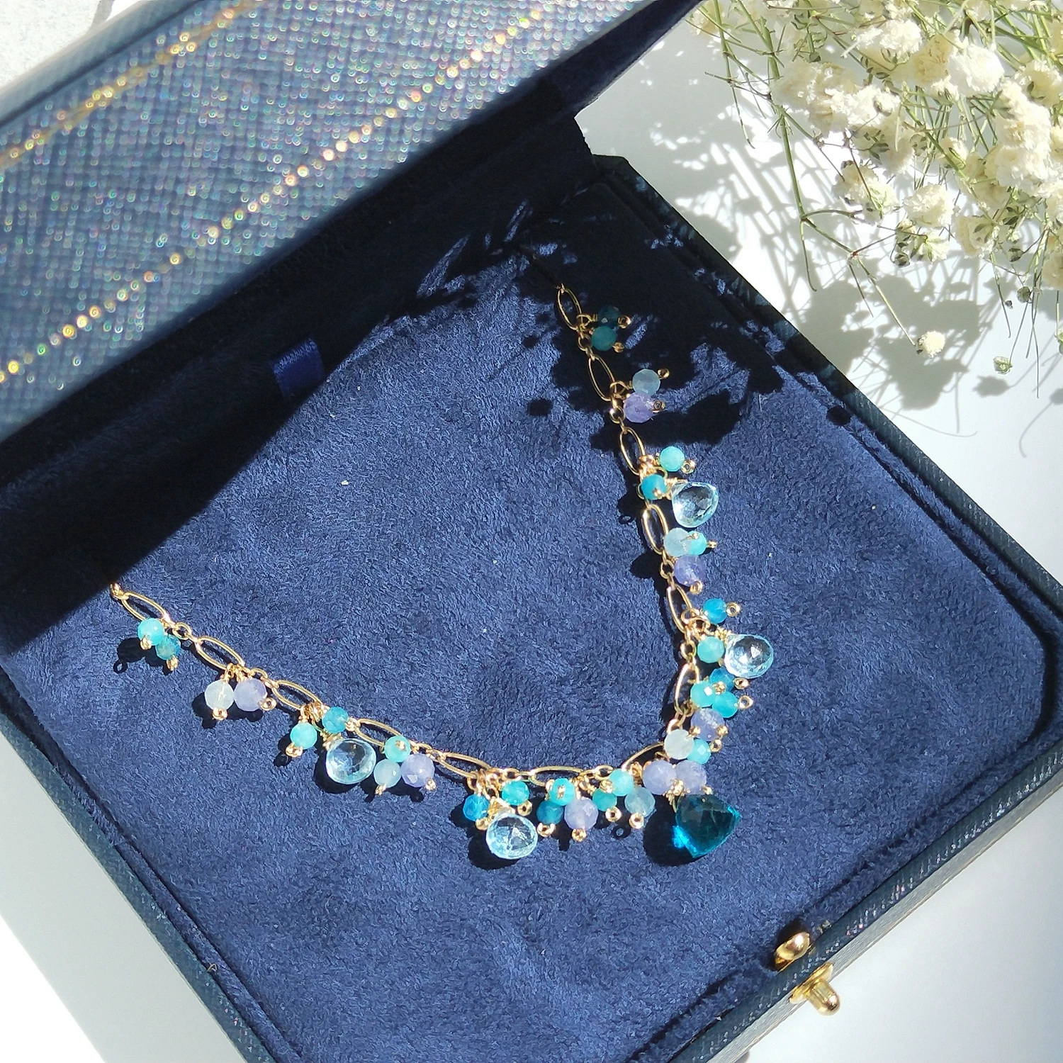 

Lii Ji Multi Gemstone 14K Gold Filled Chain Necklace Aquamarine Topaz Tanzanite Etc. Handmade Necklace