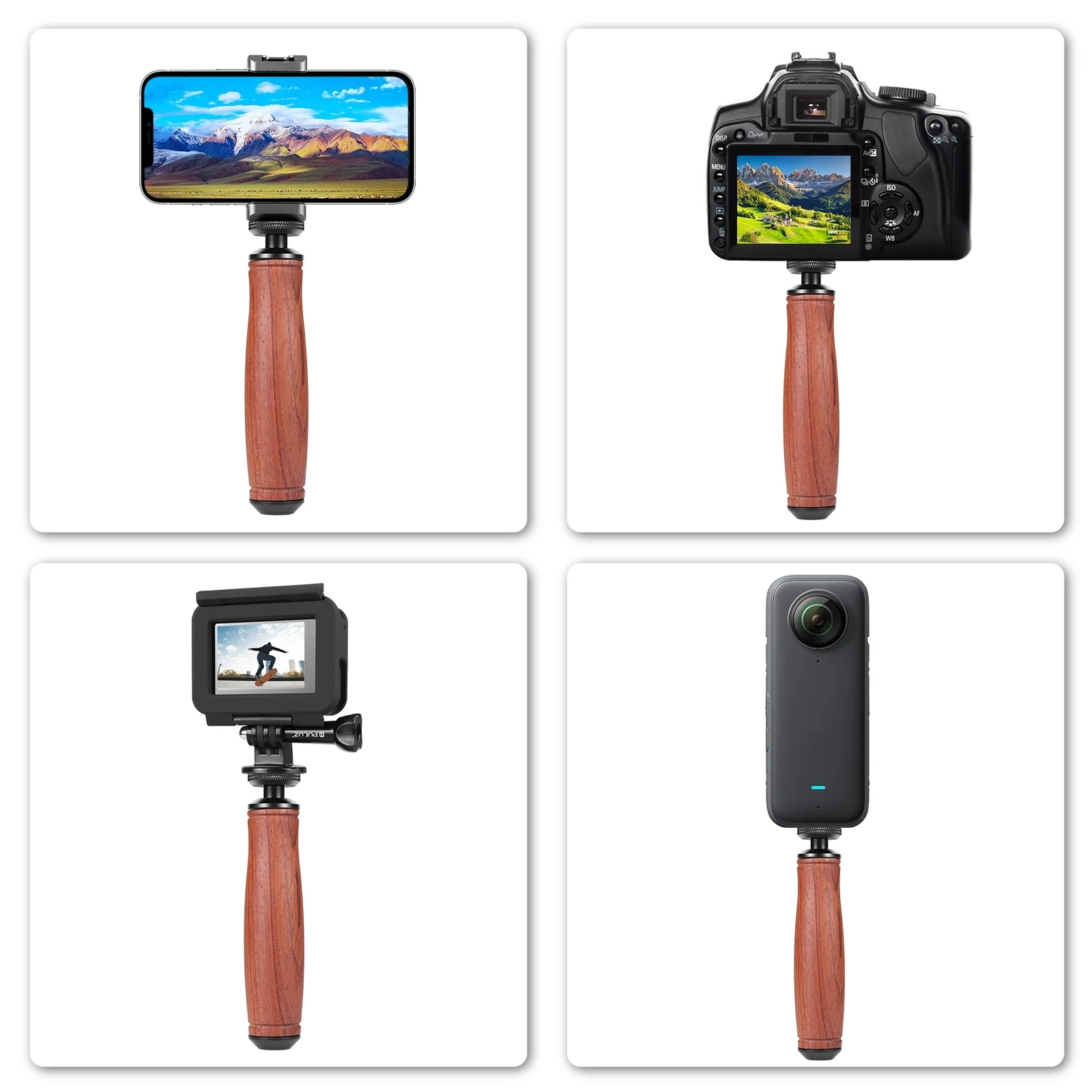 카메라 그립 안정기 핸드그립, 1/4 인치 나사 나무 손잡이, Gorpro/DJI용, insta360 및 기타 카메라
