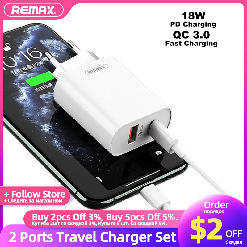 Комплект зарядного устройства Remax PD 18 Вт QC 3 0 USB C 2 порта настенный адаптер для