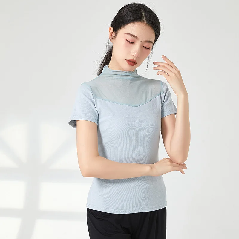 

Adult Sexy Slim Fit Mesh Cotton Ruched Belly Dance Ballet Mock Neck T Shirt Top Costume for Women Dancing Clothes Clothing Wear
