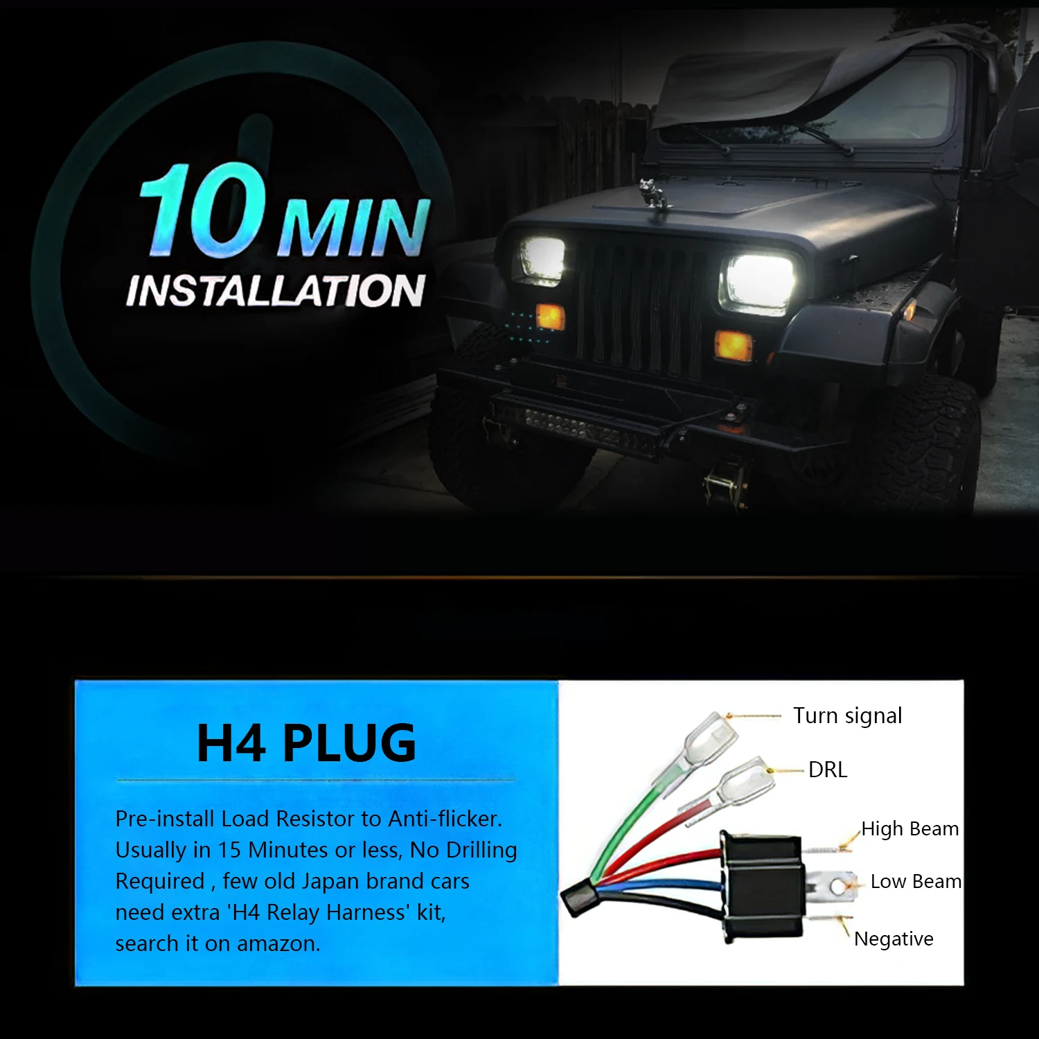 차량용 헤드라이트, 흰색 헤일로 DRL 앰버 H4 헤드램프, 지프 오토바이 혼드 트럭, 켄워스 H4651 H4652 H4656 작업등, 6x7, 1 개