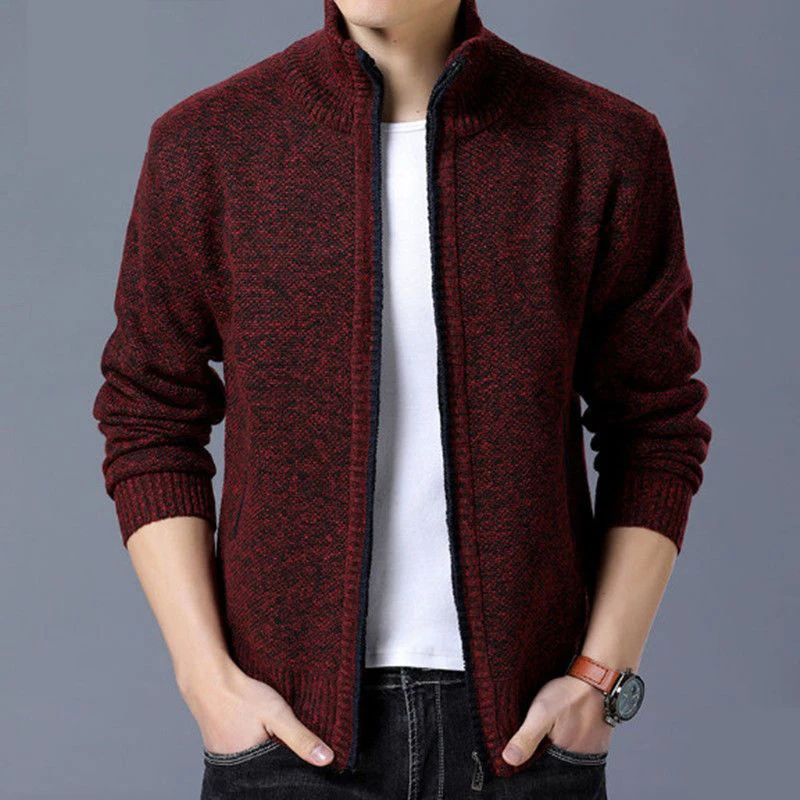 Autumn Winter Stand Collar Oversized Add Velvet Thick Warm Cardigan Sweater Men Loose Casual Zipper Knitted Coat Male Ouwear Top
