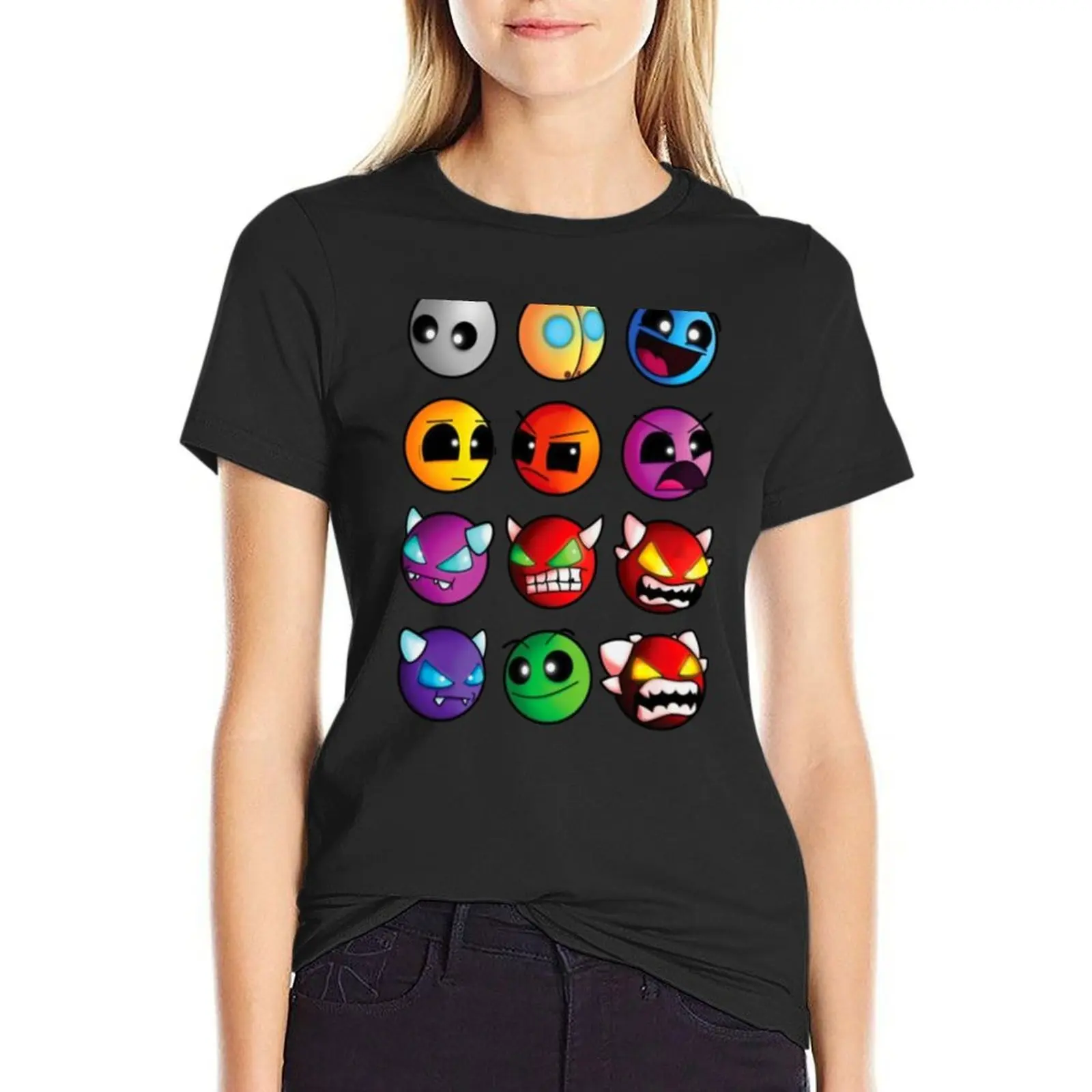 

Geometry Dash in many emotions funny meme T-shirt plus size tops Aesthetic clothing Womens clothing