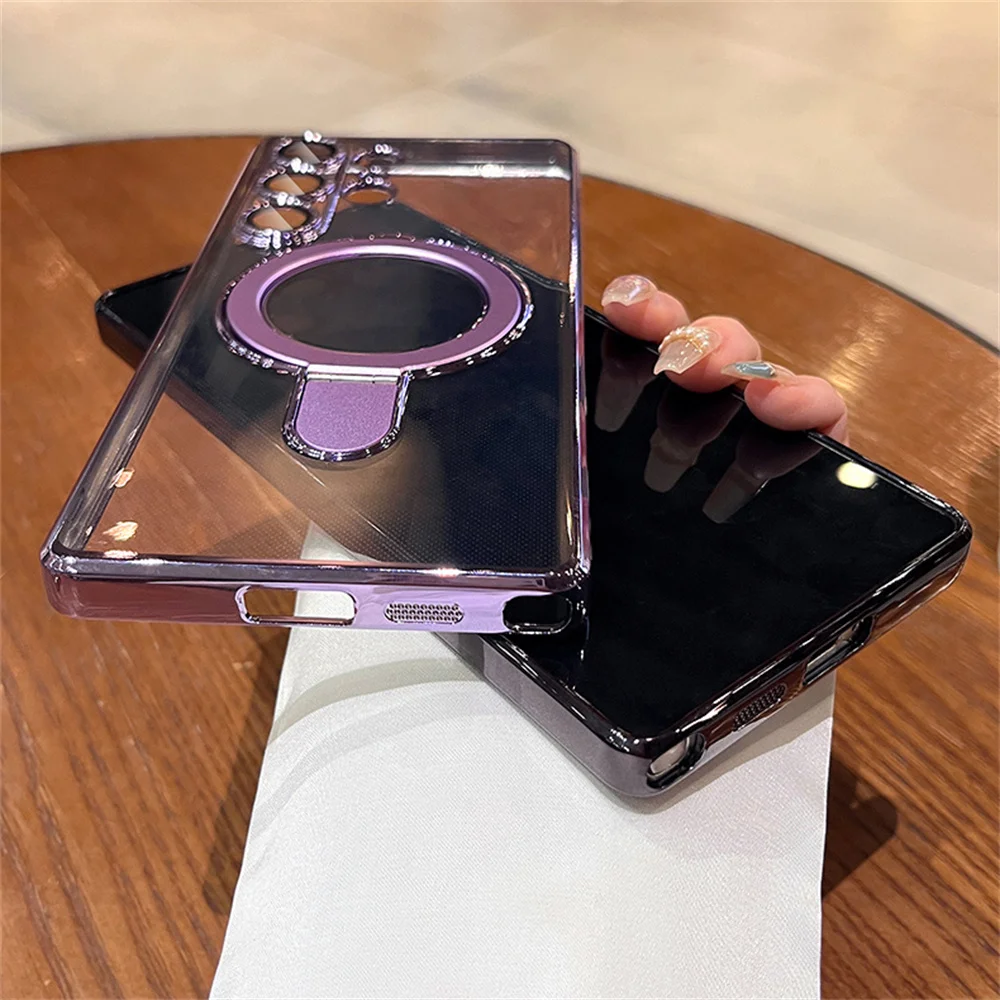 Luxury Plating Shockproof Magnetic Bracket Clear Case with Holder Stand Cover