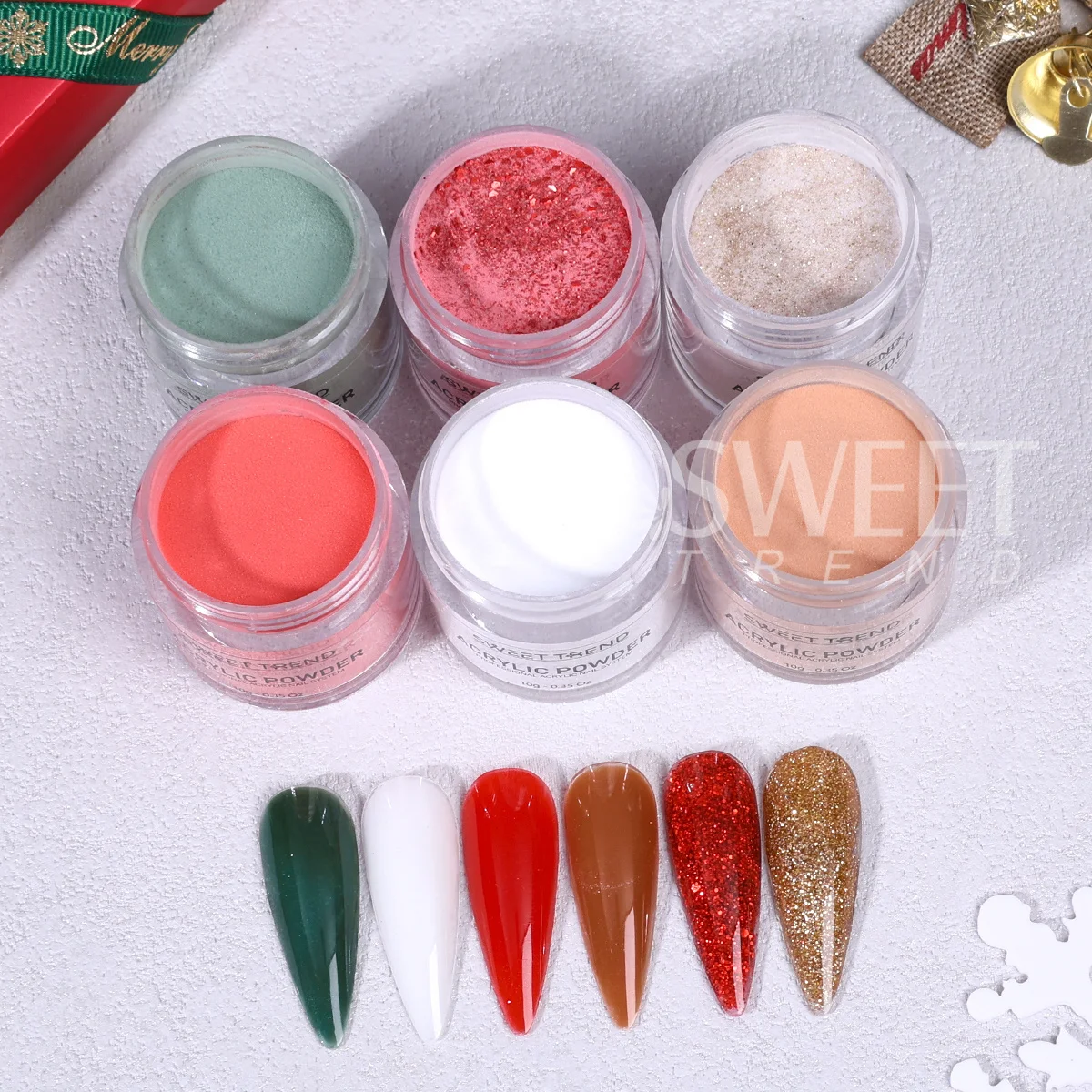 6pcs Christmas Color Acrylic Nail Powder Green Red Sparkly Gold Crystal Carved Building Sequins Manicure Extension Dipping Dust