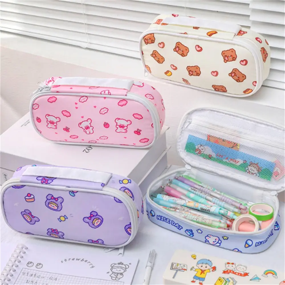 Kawaii bear pencil case ins Japanese Korean stationery girl heart large  capacity pencil case kawaii makeup pencil pouch