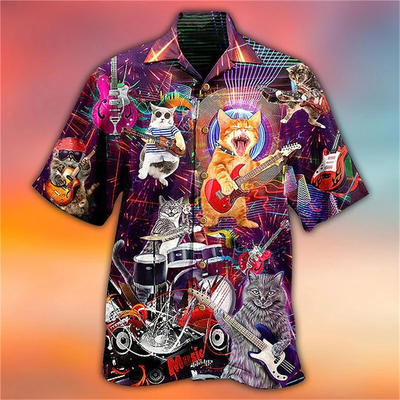 thumbnail image 1 of Camisa hawaiana divertida para hombre, sudadera playera con estampado de gato y música en 3D, camisa de manga corta de diseñador callejero, ropa para hombre de alta calidad, 1 of 5