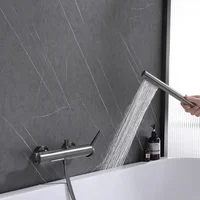 ติดผนังน้ําตก Bathtun ก๊อกน้ําห้องน้ําทองเหลืองก๊อกน้ําพร้อมหัวฝักบัวแบบใช้มือถือแปรงทอง, ปืนโลหะ, Chrome 5