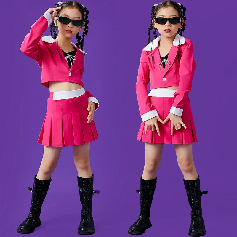 

Fashion Cheerleading Clothing Girls Jazz Costume Rose Red Suit Hip Hop Clothes For Kids Stage Kpop Outfit Catwalk Wear XS5434