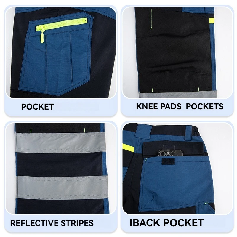 남성용 투톤 블루 블랙 카고 팬츠, 다용도 포켓과 고시인성 테이프가 있는 내구성 작업복 바지