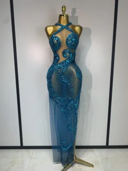 Women Luxury Blue Rhinestones Sequines Mesh Transparent Long Dress Club Evening Party Dress Birthday Photoshoot Clothing 1