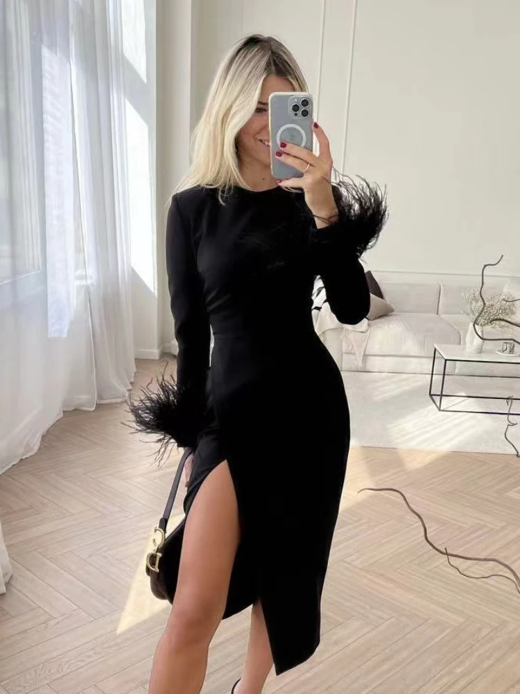 

BEVENCCEL 2023 New Women's Feathers Long Sleeve Split Black Bodycon Bandage Dress Elegant Party Celebrity Club Dresses Vestidos