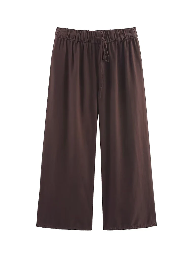 TFMLN Casual Pant 2 Piece Set For Women Halter Lace Up Tops+Drawstring Wide Leg Calf-length Pants Simple Solid Summer Suits