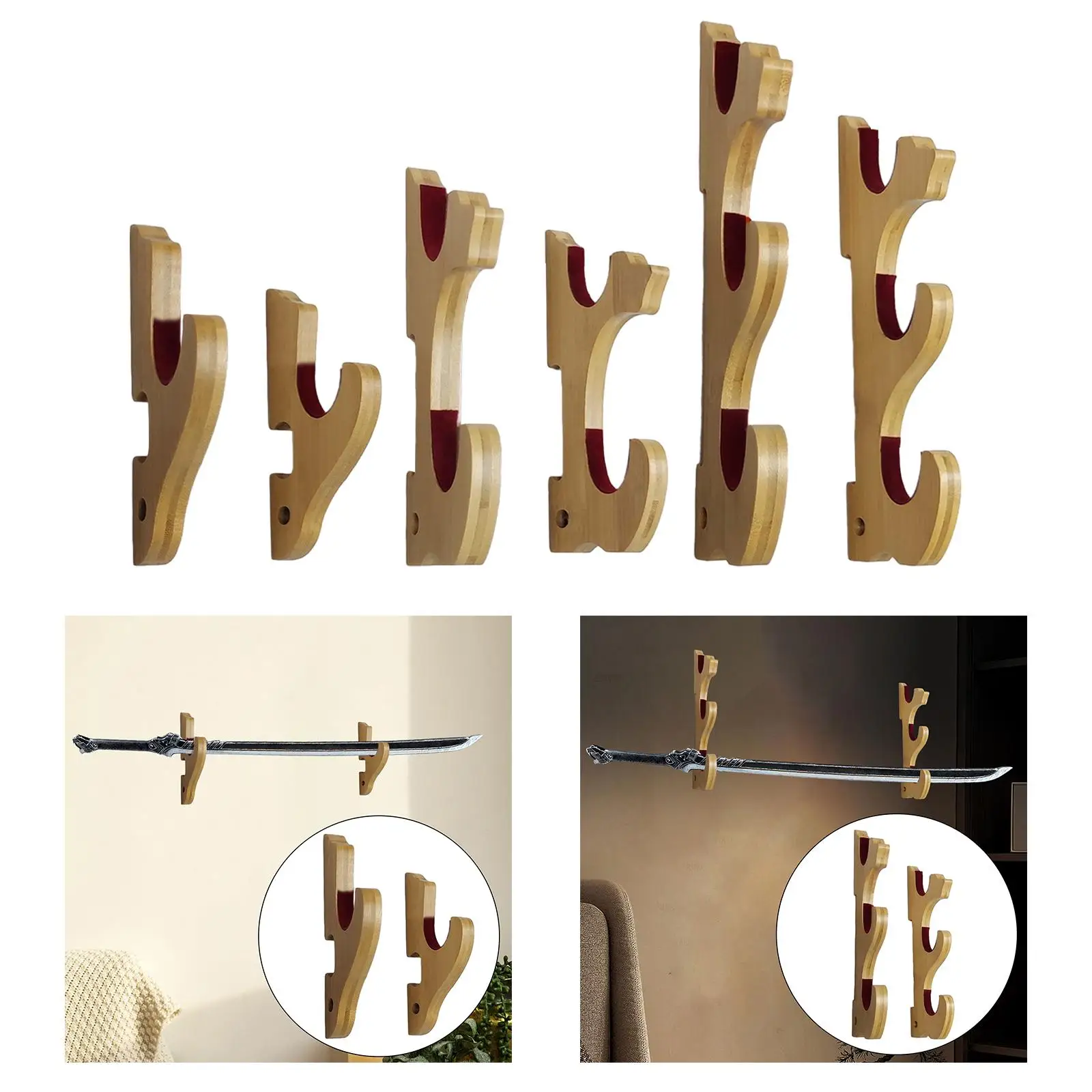 Wall Mount Sword Display Stand Bamboo Velvet Padded Multifunctional Compact Decorative Sword Hook for Flute Tanto Fishing Rods