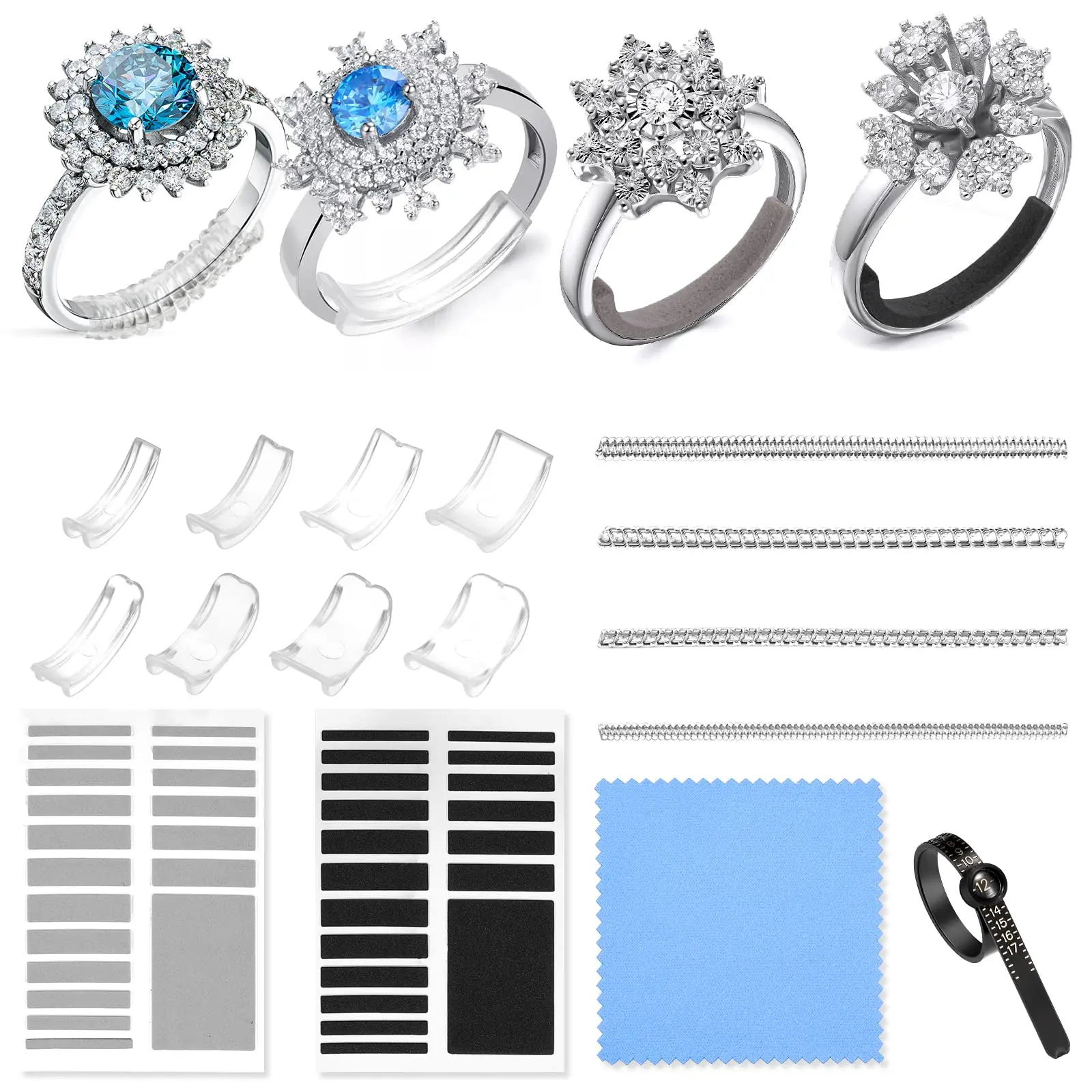 16 Pcs Ring Size Adjusters Set Ring Sizer Invisible 8 Spiral Silicone Tightener EVA Invisible Sticker Ring Size Measuring Tool
