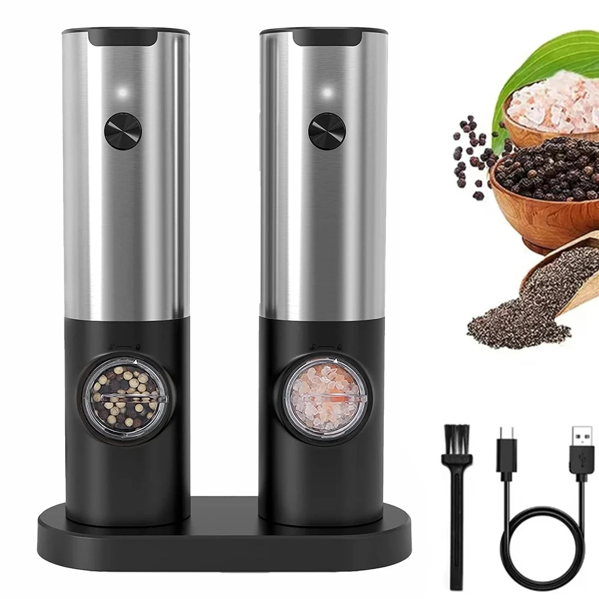 

2Pc USB Rechargeable Electric Salt And Pepper Grinder Set Stainless Steel Charging Automatic Pepper Mill Salt Spice Grinder