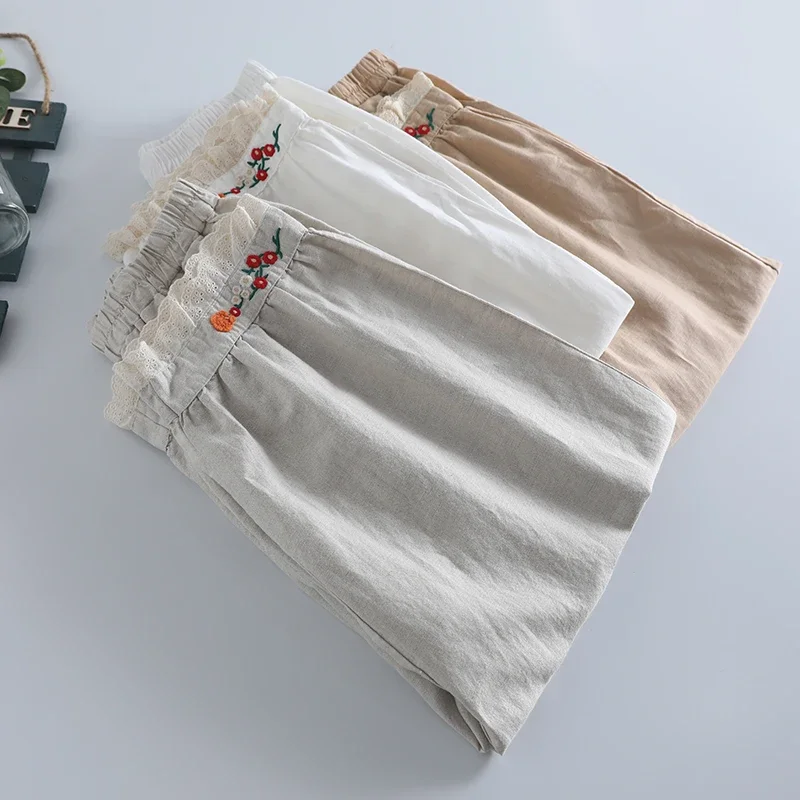 Japan Style Mori Girl Sweet Embroidery Cotton Linen Haren Pants Women Casual Loose Elastic Waist Trousers