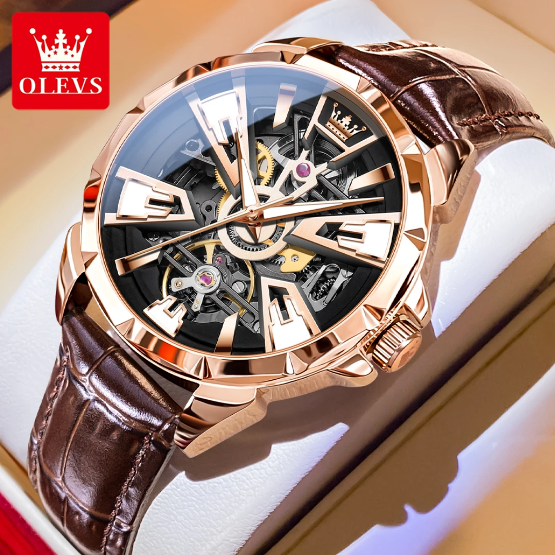 OLEVS 7051 Mechanical Fashion Watch Gift Genuine Leather Watchband Round-dial Wristwatch Luminous