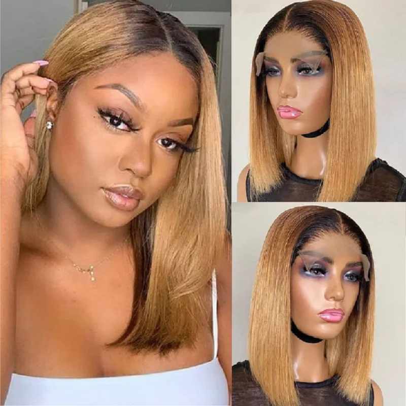 

Cut 20 inch 180Density Short Bob Glueless Ombre Blonde Straight Swiss Lace Front Wig For Black Women BabyHair Preplucked Daily