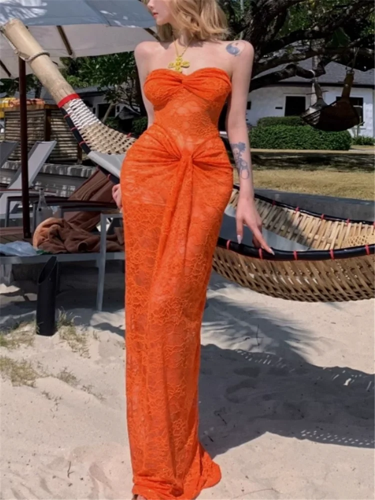 Strapless Summer Orange Holiday Fashion Sheer Lace Beach Long Dress ...