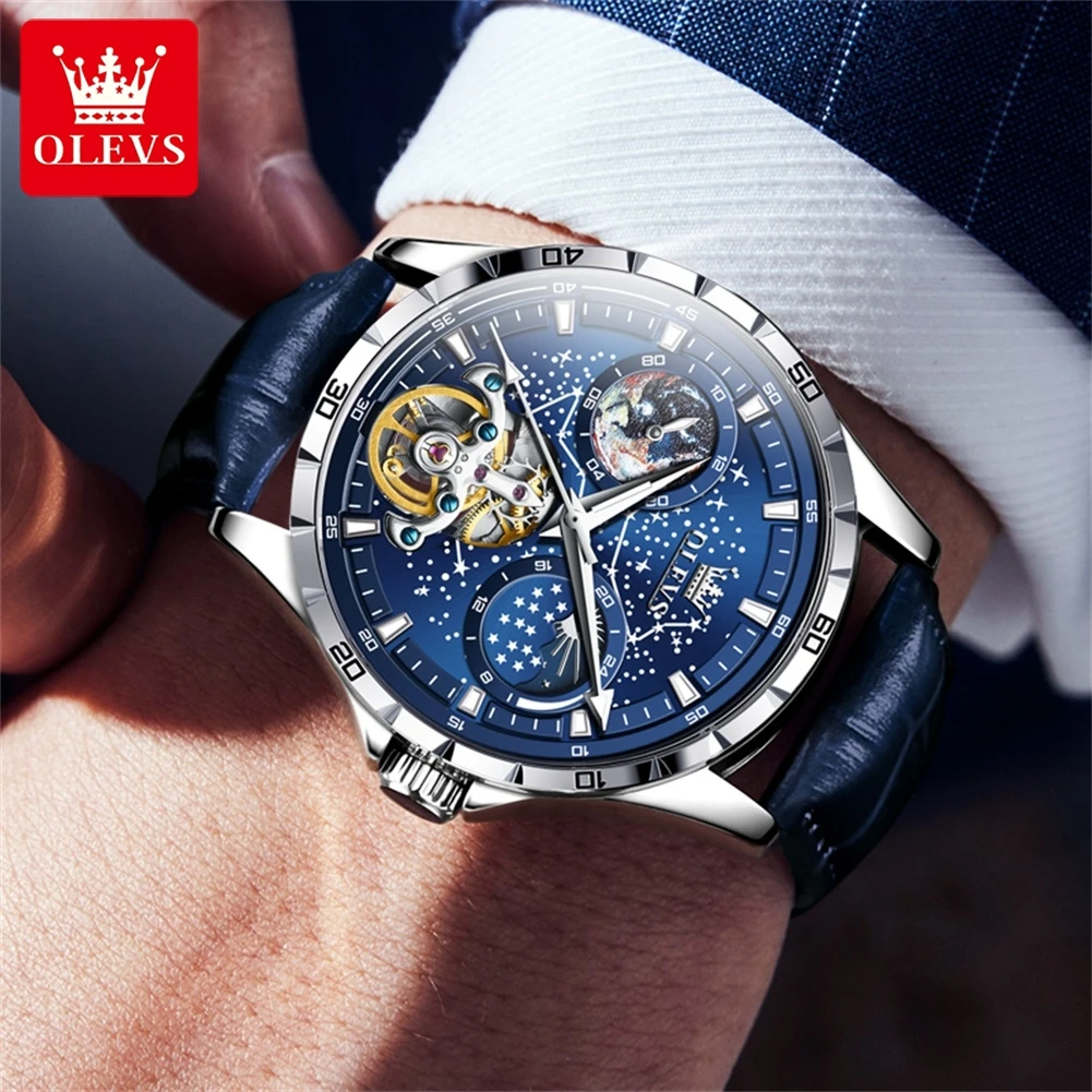 OLEVS New Fashion Starry Sky Dial Mechanical Watch for Men Leather Strap Waterproof Moon Phase Automatic Tourbillon Watches Mens