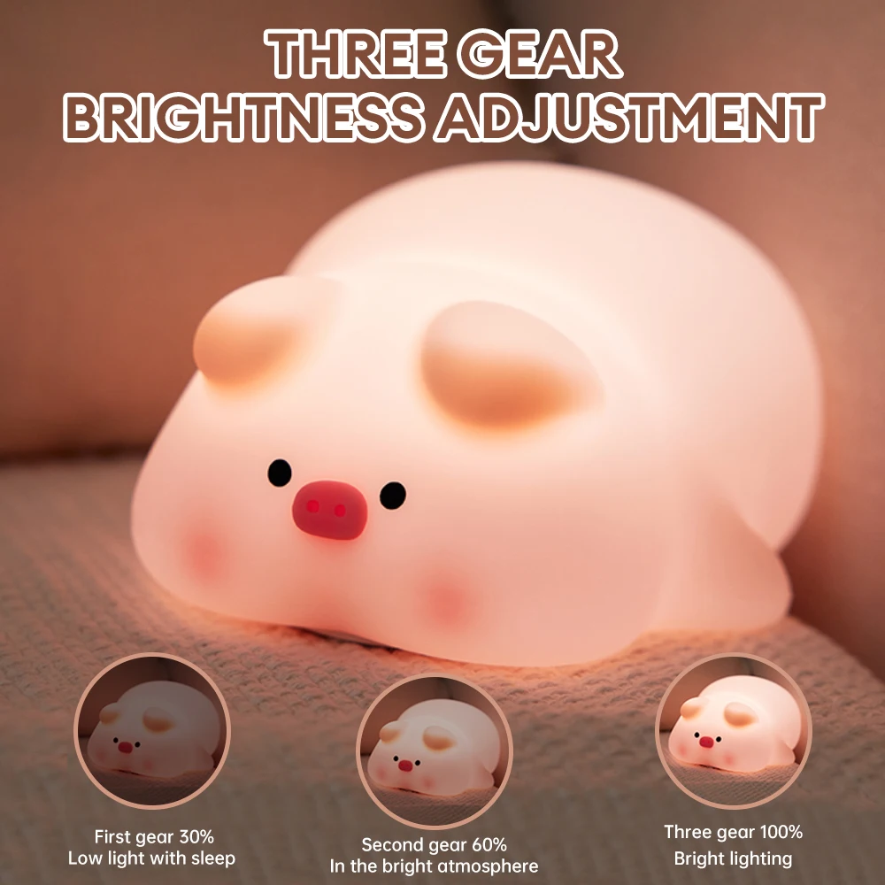 

Pink Pig LED Touch Sensor Night Light Rechargeable Timing Pat Light Silicone Animal Lamp Dimmable Bedside Lamp Baby Sleep Light