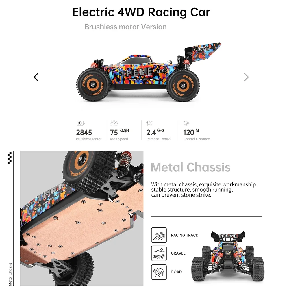 WLtoys 184016 RC Car 75KM/H 2.4G Brushless Electric High Speed Vehicle 184011 4WD Off-Road Remote Control Racing Brush Car 1/18 4