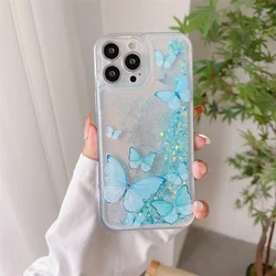 Luminous Butterfly Quicksand Transparent Phone Case - Samsung S24 (Light blue)