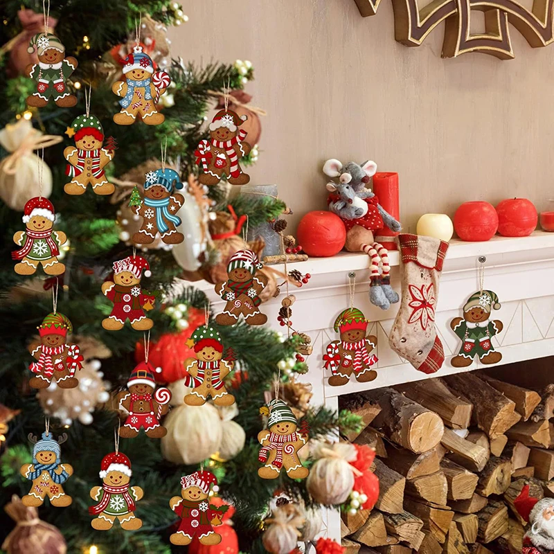 12pcs Christmas Wooden Gingerbread Man Pendants – Xmas Tree Ornaments