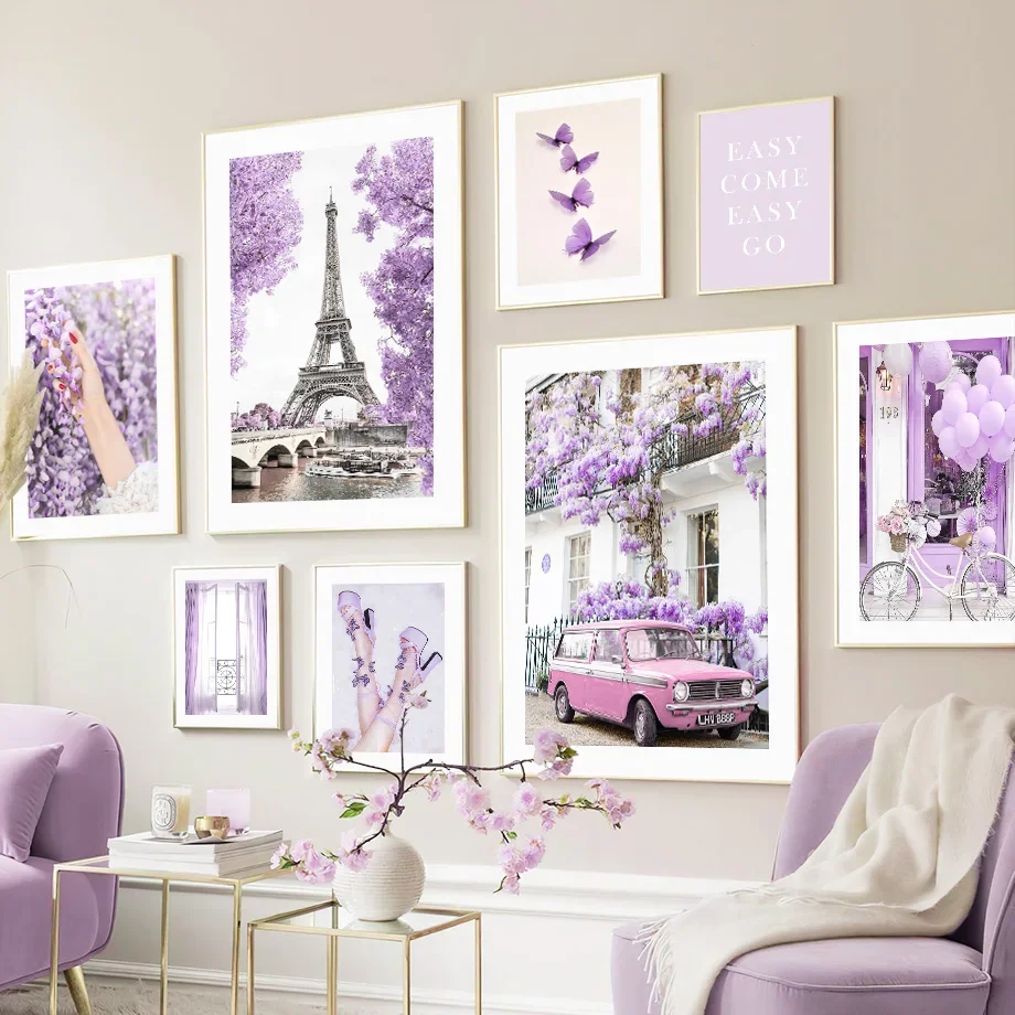 

Настенное художественное полотно, живопись мечты, фиолетовое полотенце в Париже, винтажный автомобиль, цветок, украшение для гостиной, плакаты, принты, настенные картины