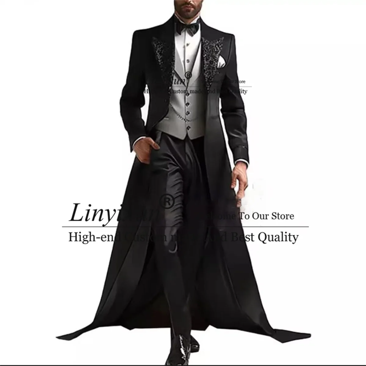 Sparkly Sequins Lapel Men Suits Business Groom Tuxedos 3 Pieces Sets Long Coat Blazer Wedding Costume Homme