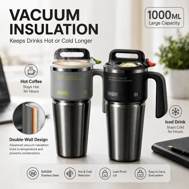 Large Capacity Insulated Stainless Steel Water Bottle with Built-in Straw and Flip Lid