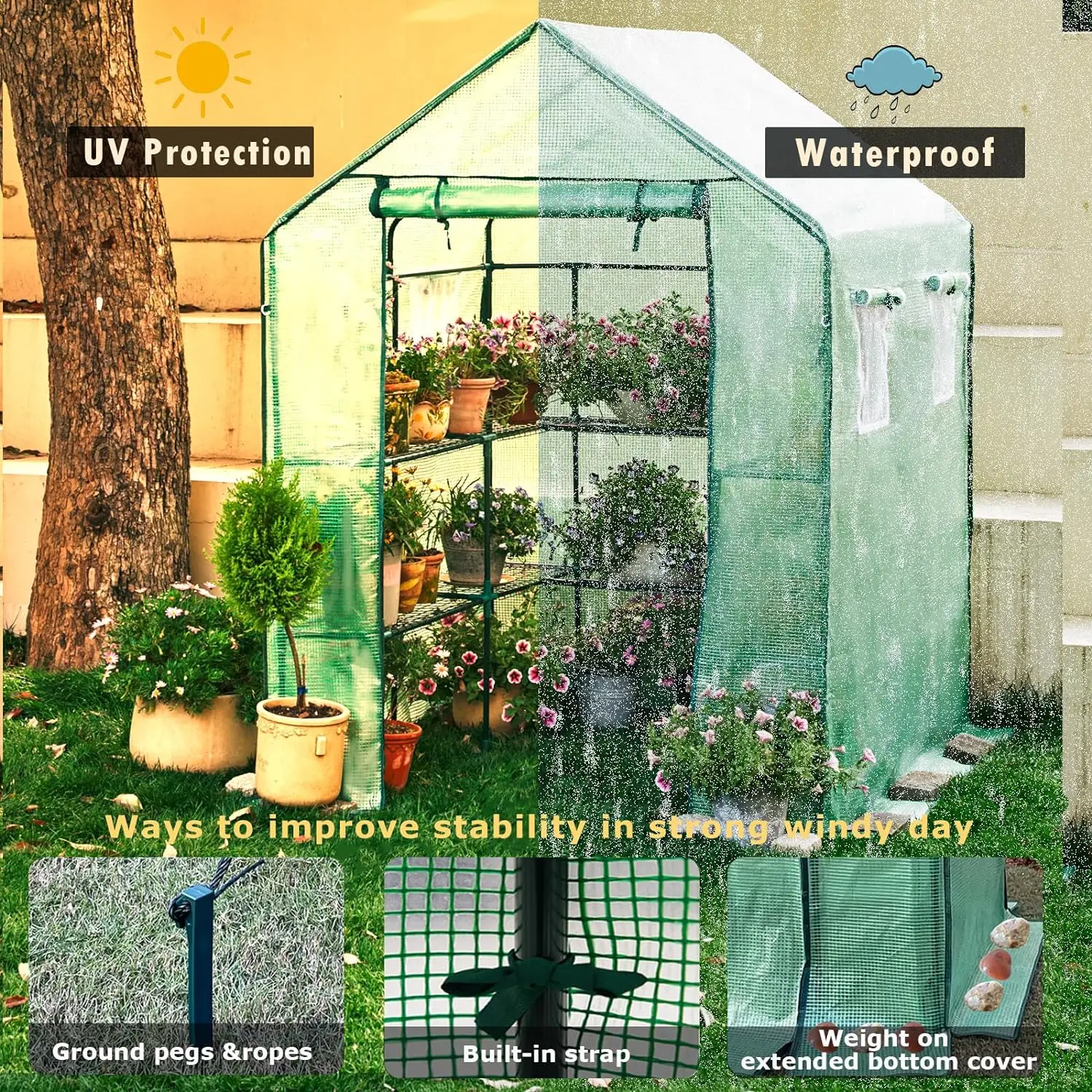 

Walk-in Greenhouse for Outdoors Thickened PE Cover & Heavy Duty Powder-Coated Steel Mesh Door & Screen Windows 14 Sturdy Shelves