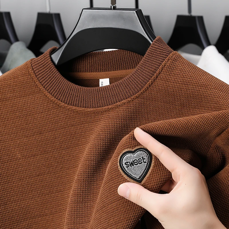 

Brand Luxury Men's Plush Hoodie O-Neck Heart Embroidered Thickened Pullover Korea Fashion Casual Simplicity Trend Men Clothing