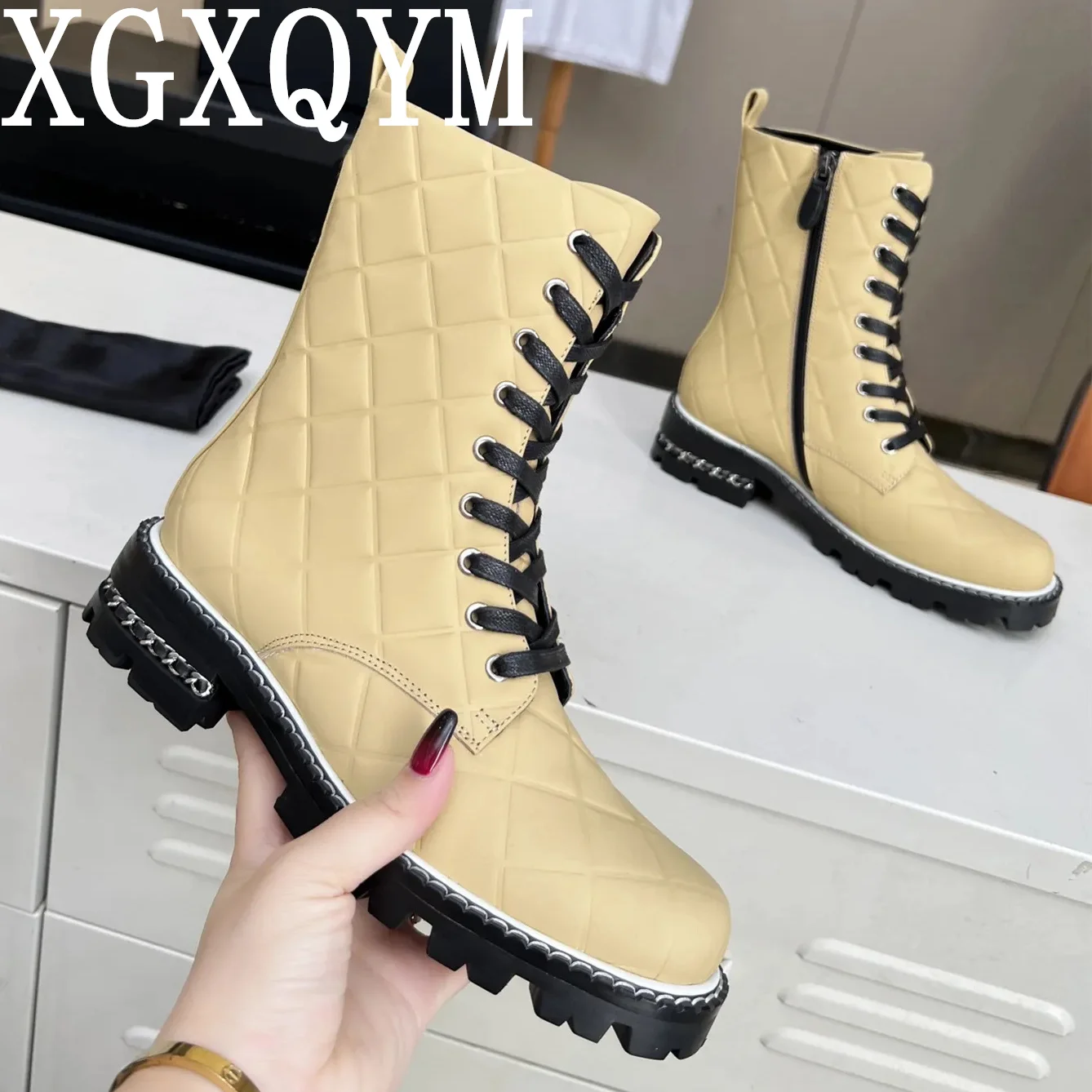 

New Women Square Heel Mid-calf Boots Genuine Leather Short Boots Lace up Casual Shoes Autumn Winter Versatile Short Botas Female