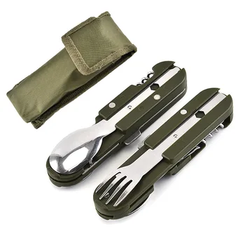 Verde militare pieghevole portatile in acciaio inossidabile campeggio picnic posate coltello forchetta cucchiaio apribottiglie posate stoviglie kit da viaggio 1