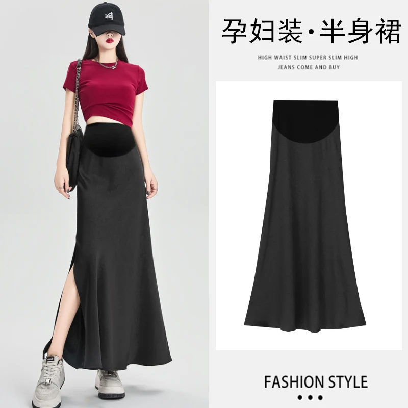 Summer French Style Pregnant Woman Retro Belly Skirts Acetate Satin Maternity Mermaid Skirt with Slit Pregnancy Fishtail Skirts
