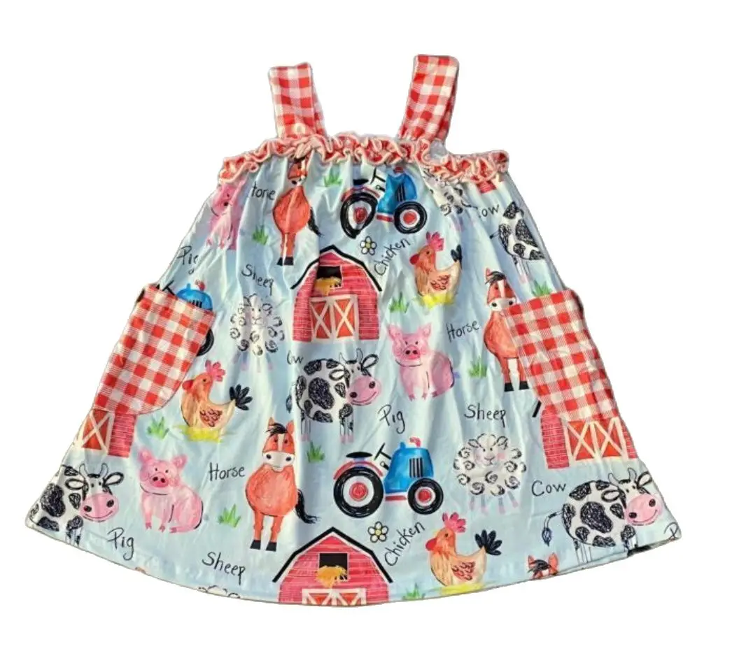 Girlymax Summer Baby Girls Farm Animals Plaid Twirl Dress Boutique