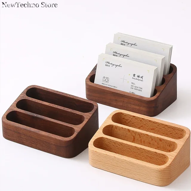 Solid Wood Desktop Business Card Display Stand Memo Holder Storage Box Beech Wood Card Organizer For Office