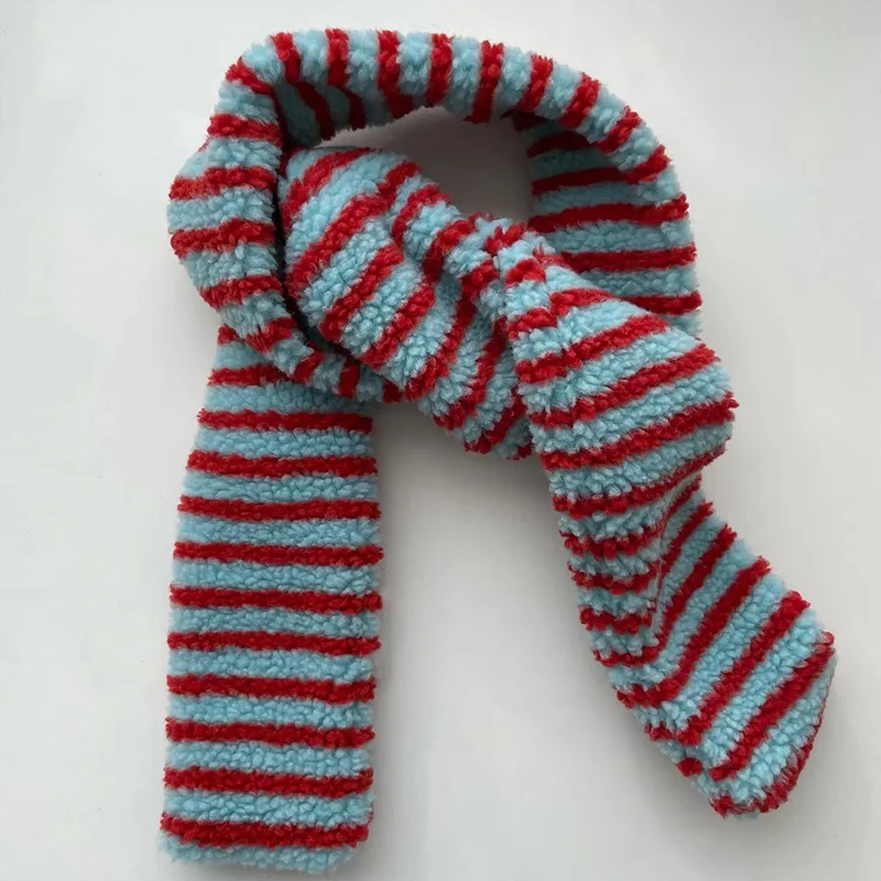 Women Colorful Lambswool Striped Scarf Y2K Cute Winter Plush Warm Necklace Japanese Couple Thickened Wrap Children's Scarf 2