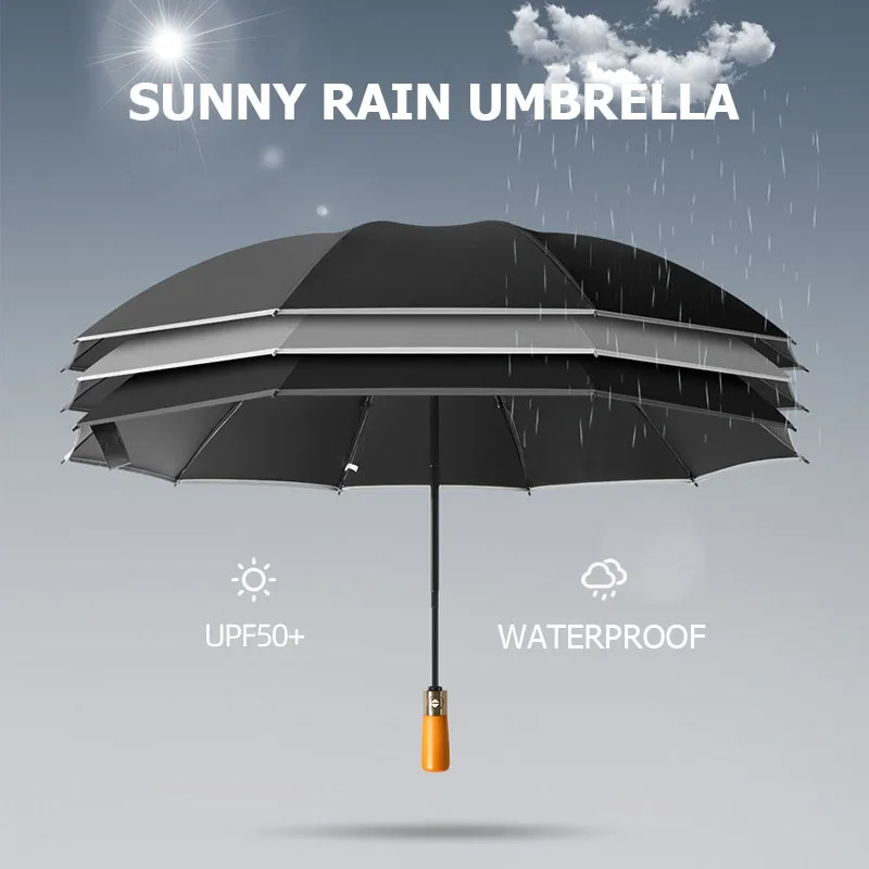 Luxury Travel UV Umbrella Wooden 10k Double Bones Reverse Reflective Strip Large Windproof Bussiness Compact For Men Women sun umbrella